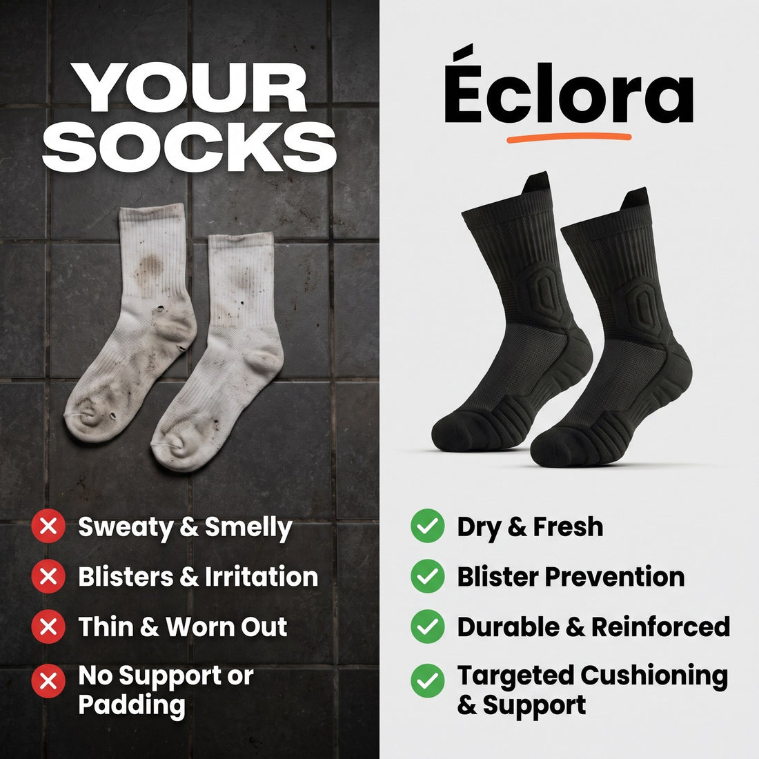 Worn-out white socks compared with black Éclora Shift Socks: dry and fresh, blister prevention, durable and reinforced, targeted cushioning and support.