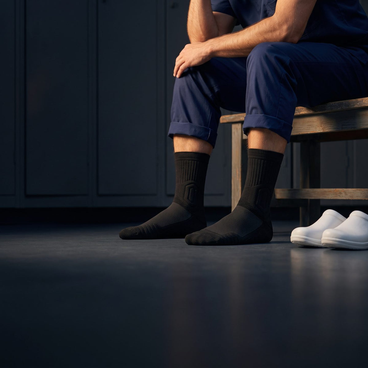 Male nurse sitting on a locker room bench after a shift, in black Shift Socks, white clogs beside him.